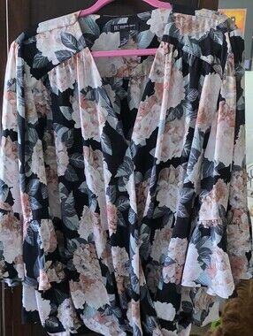 EUC INC Floral Wrap Blouse - Black with Blush Pink Flowers